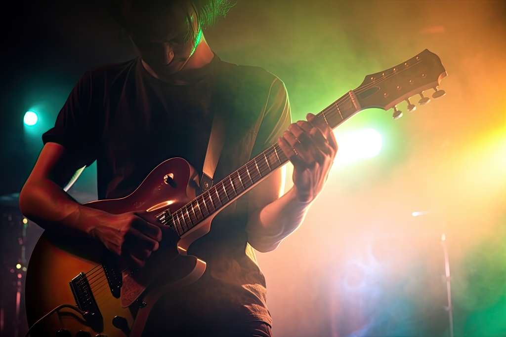 guitarrista tocando guitarra concierto iluminado luces neon ai generativo