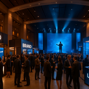 eventos corporativos en México organizados por Chorcha Entertainment con stands modernos, tecnología interactiva y networking empresarial