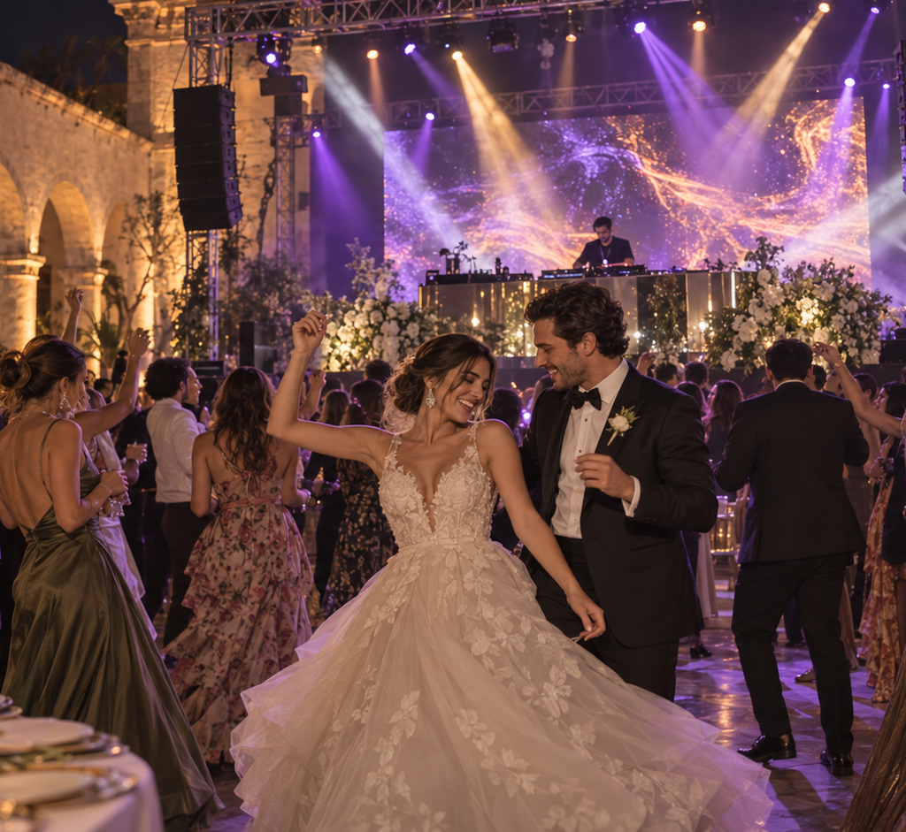 Pista de boda con cabina de DJ e iluminación de concierto